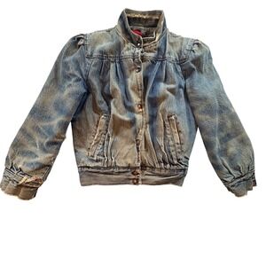 Vintage Learsi Distressed Denim Bomber Jacket 80s Puff Shoulder Plaid Lined Med